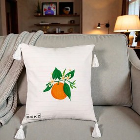 Perna Decorativa Portocala in Floare, 40x40 cm, Bej cu Franjuri, Husa Detasabila, Perna Inclusa, BEKZ®