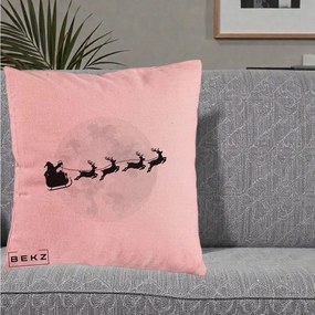 Perna Decorativa Mos Craciun Sanie Luna, 40x40 cm, Roz, Husa Detasabila, Perna Inclusa, BEKZ®