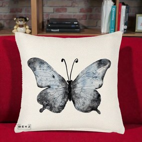 Perna Decorativa Fluture Acuarela Albastru-Gri, 40x40 cm, Crem Reliefat, Husa Detasabila, Perna Inclusa, BEKZ®