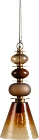 Lustră din sticlă texturată camel cu structură din alamă antichizată cu elemente sferice decorative, formă conică, 65 × 29 cm, „Astrolab"