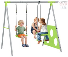 AIYAPLAY Leagăn de Grădină 4 în 1 pentru Copii cu Coș de Baschet și Poartă de Fotbal, 215x180x182 cm, Verde | Aosom Romania