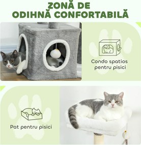 PawHut Ansamblu de joacă zgârietoare pentru pisici cu căsuță, pat și 2 mingi, din lemn și pluș, 55x40x107 cm, gri și alb | Aosom Romania