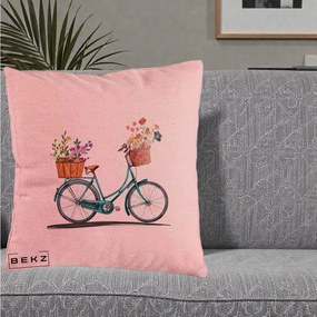 Perna Decorativa Bicicleta Florala Turcoaz Acuarela, 40x40 cm, Roz, Husa Detasabila, Perna Inclusa, BEKZ®