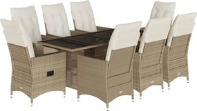 vidaXL Set de masă pentru grădină, 9 piese, cu perne, bej, poliratan