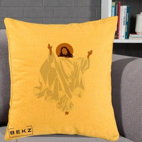 Perna Decorativa Iisus Hristos Invierea Silueta Minimalista, 40x40 cm, Galben, Husa Detasabila, Perna Inclusa, BEKZ®