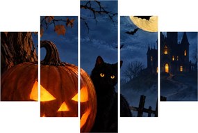 XXL Tablou - Pisică neagră lângă un dovleac luminat de Halloween (150x105 cm)