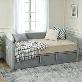 HOMCOM Pat Canapea 90/180x190 cm, Pat Extensibil Convertibil în Pat Dublu, Tapițerie, Cotiere, 2 Buzunare, Lamele din Plop, pentru Living sau Oaspeți, Gri Deschis | Aosom Romania