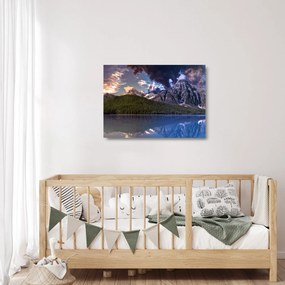 Tablou pe sticlă cu lac și munți (70x50 cm)