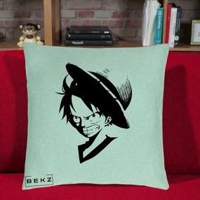 Perna Personalizata One Piece Luffy Silueta Alb-Negru, 40x40 cm, Verde Menta, Husa Detasabila, Perna Inclusa, BEKZ®