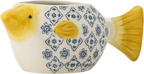 Ghiveci decorativ din ceramică albă în formă de pește cu model floral albastru pictat manual, 25×9×11 cm, „Wrenna"
