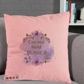 Cadou pentru Bunica - Perna Personalizata Cea Mai Buna Bunica Flori Mov Acuarela Auriu, 40x40 cm, Roz, Husa Detasabila, Perna Inclusa, BEKZ®