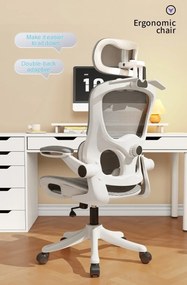 RESIGILAT- Scaun ergonomic cu șezut din plasă și suport lombar dinamic, tetiera 3D, cotiere rabatabile, Alb/Gri
