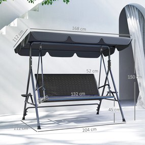Outsunny Leagăn de Grădină 3 Locuri din Ratan PE cu Acoperiș Reglabil și Suporturi pentru Pahare, Leagăn de Exterior cu Cadru din Oțel, Capacitate 320 kg, 204x112x150 cm, Gri | Aosom Romania