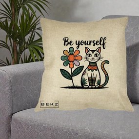 Perna Personalizata Be Yourself Pisica Folk, 40x40 cm, Crem, Husa Detasabila, Perna Inclusa, BEKZ®