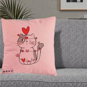Perna Decorativa Pisica Kawaii cu Inimi, 40x40 cm, Roz, Husa Detasabila, Perna Inclusa, BEKZ®