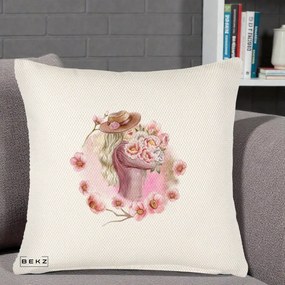 Perna Decorativa Femeie cu Flori Roz Acuarela, 40x40 cm, Crem Reliefat, Husa Detasabila, Perna Inclusa, BEKZ®