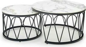 Set 2 masute cafea FORMOSA, alb cu efect de marmura/negru, ceramica/ot