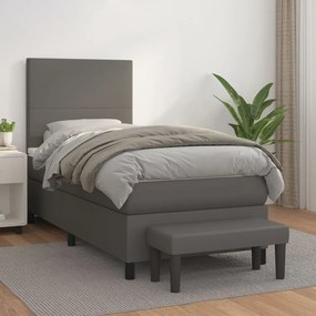 3137519 vidaXL Pat box spring cu saltea, gri, 90x190 cm, piele ecologică