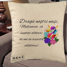 Cadou pentru Nasi - Perna Personalizata Dragii Nostri Nasi Multumim cu Flori Multicolore, 40x40 cm, Bej, Husa Detasabila, Perna Inclusa, BEKZ®