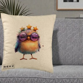 Perna Decorativa Pui Pop Star cu Ochelari Stele Violet, 40x40 cm, Bej, Husa Detasabila, Perna Inclusa, BEKZ®