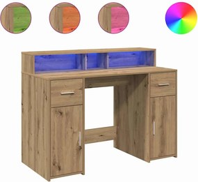 vidaXL Birou cu lumini LED stejar artizanal 120x55x91cm lemn prelucrat