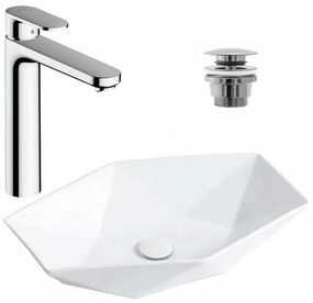 Pachet lavoar pe blat Rea Vegas alb 57 cm, baterie lavoar Hansgrohe Vernis Blend 190 crom si ventil lavoar Click-Clack crom