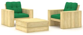 3065809 vidaXL Set mobilier de grădină cu perne, 3 piese, lemn de pin tratat