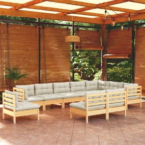 3096755 vidaXL Set mobilier grădină cu perne crem, 10 piese, lemn masiv de pin