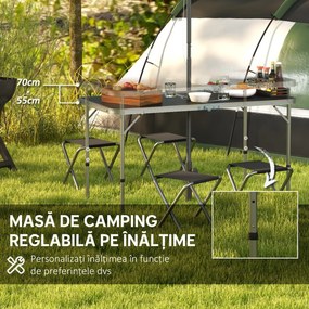 Outsunny Set Masă de Camping Pliabilă cu 4 Scaune, Masă de Picnic Reglabilă pe Înălțime, 4 Bănci și Orificiu pentru Umbrelă, din Aluminiu, pentru Picnic, Mare, Grădină, Negru | Aosom Romania