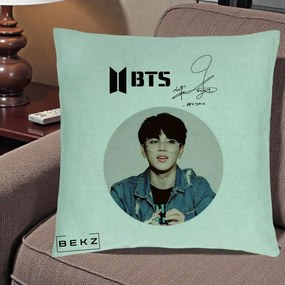Perna Personalizata K-pop BTS Jimin Portret Cerc Autograf Geaca, 40x40 cm, Verde Menta, Husa Detasabila, Perna Inclusa, BEKZ®