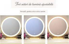 RESIGILAT- Set SARAH, Masă de toaletă pentru machiaj cu oglindă iluminată LED, control touch, sertar, taburet, 80x40x76 cm, Bej/Auriu