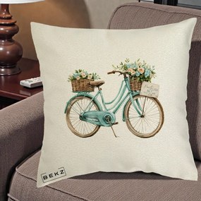 Perna Decorativa Bicicleta Teal cu Cosuri Duble de Flori Vintage, 40x40 cm, Ecru, Husa Detasabila, Perna Inclusa, BEKZ®