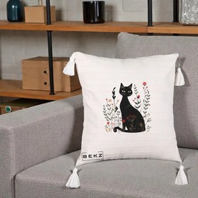 Perna Decorativa Pisica Neagra Botanica Rosu-Gri, 40x40 cm, Bej cu Franjuri, Husa Detasabila, Perna Inclusa, BEKZ®