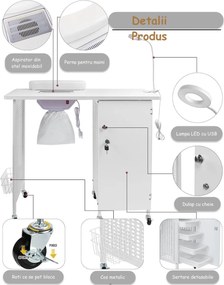 MANIA1 - Masuta manichiura, 90 cm, cu aspirator incorporat, perna maini si lampa LED, masa cosmetica - Alb/ Negru / Alb-Roz / Negru-Auriu