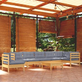 3096736 vidaXL Set mobilier de grădină cu perne gri, 9 piese, lemn masiv pin