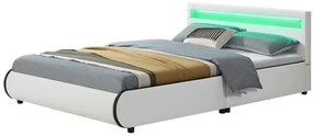 Pat tapitat piele PU, cu iluminare LED, telecomanda, cadru lemn, suport saltea inclus, 160x200, Alb