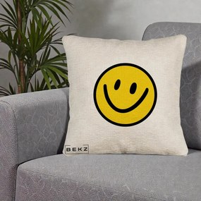 Perna Decorativa Smiley Face Galben Clasic, 40x40 cm, Bej Canapea, Husa Detasabila, Perna Inclusa, BEKZ®