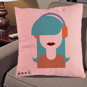 Perna Decorativa Fata cu Casti Muzica Grafic, 40x40 cm, Roz, Husa Detasabila, Perna Inclusa, BEKZ®