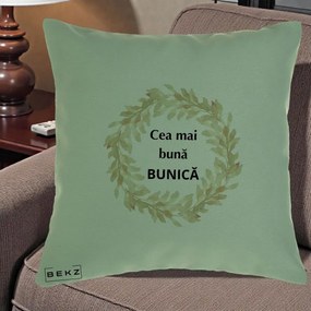 Cadou pentru Bunica - Perna Personalizata Cea Mai Buna Bunica Coronita Frunze Acuarela, 40x40 cm, Verde, Husa Detasabila, Perna Inclusa, BEKZ®
