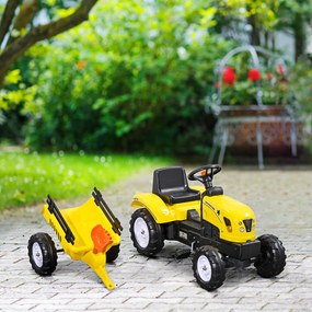 HOMCOM Tractor de Pedalat pentru Copii de 3+ Ani cu Remorcă, Greblă, Lopată și Claxon, 133x42x51 cm, Galben | Aosom Romania