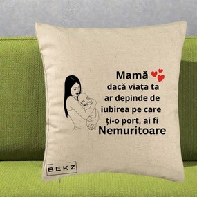 Cadou pentru Mama - Perna Personalizata Mama Nemuritoare Linie, 40x40 cm, Bej, Husa Detasabila, Perna Inclusa, BEKZ®