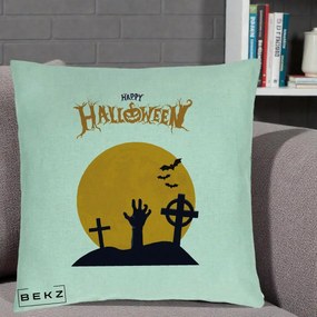 Perna Decorativa Happy Halloween Cimitir cu Luna, 40x40 cm, Verde Menta, Husa Detasabila, Perna Inclusa, BEKZ®