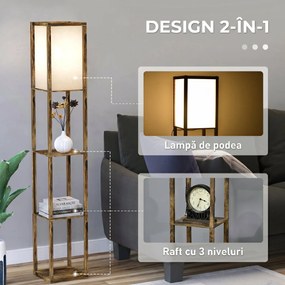 HOMCOM Lampă de Podea cu 3 Rafturi Integrate, Design Modern din MDF, 26x26x160 cm, Lemn Natural | Aosom Romania