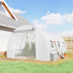 Outsunny Seră de Grădină Tip Tunel 4x3x2 m cu 2 Bare Detașabile, Uși Rulabile și Ferestre cu Plasă, Seră pentru Grădină de Legume și Flori, Structură din Oțel Zincat și Acoperire PE, Alb | Aosom Romania