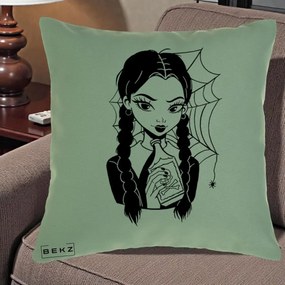 Perna Personalizata Wednesday cu Panza de Paianjen, 40x40 cm, Verde, Husa Detasabila, Perna Inclusa, BEKZ®