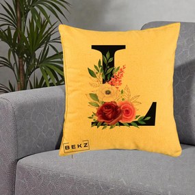 Cadou Personalizat - Perna Personalizata Monograma Florala Litera L, 40x40 cm, Galben, Husa Detasabila, Perna Inclusa, BEKZ®