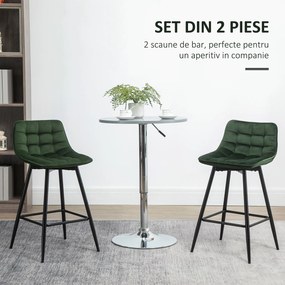 Set de 2 scaune de bar HOMCOM cu spatar, tapitate, stil nordic, metal, catifea, verde, 45x47x88cm | Aosom Romania