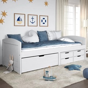 353323 vidaXL Pat de zi cu 5 sertare "IRUN", alb, 90x200 cm, lemn masiv pin