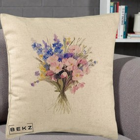 Perna Decorativa Buchet Floral Acuarela Primavara, 40x40 cm, Bej, Husa Detasabila, Perna Inclusa, BEKZ®