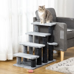 PawHut Scara pentru pisici cu 4 trepte Haustiertreppe cu coloane pentru zgâriere Minge Scara pentru câini Scara pentru animalele de companie pentru pisici de până la 5 kg Pluș Iută Gri 60 x 40 x 64 cm | Aosom Romania
